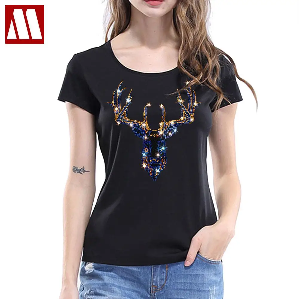 2024 New Style Lady White Cute Antler Rhinestone T-Shirt Round Neck Caribou Tops For Women Oversized Cotton Culture Tee Shirts