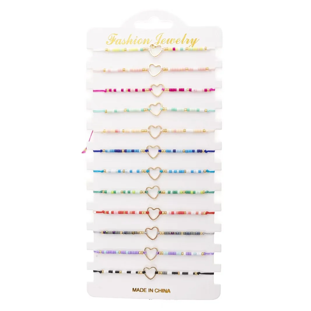 12 Piece Set Of Gold Stainless Steel Heart-Shaped Multi-Color Rice Bead Bead Bracelet Fashionable Women's Adjustable Bracelet