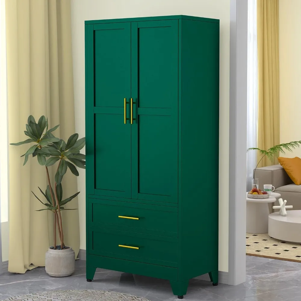 

Metal Wardrobe Closet with 2 Doors & 2 Drawers, 71" Tall Armoire Wardrobe Closet with Hanging Rods and Adjustable Shelf