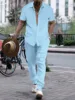 2024 Summer Thin Men's Casual Lapel Solid Color Micro Stretch Shirt Loose Striped Short Sleeve Pants Beach Suit 3