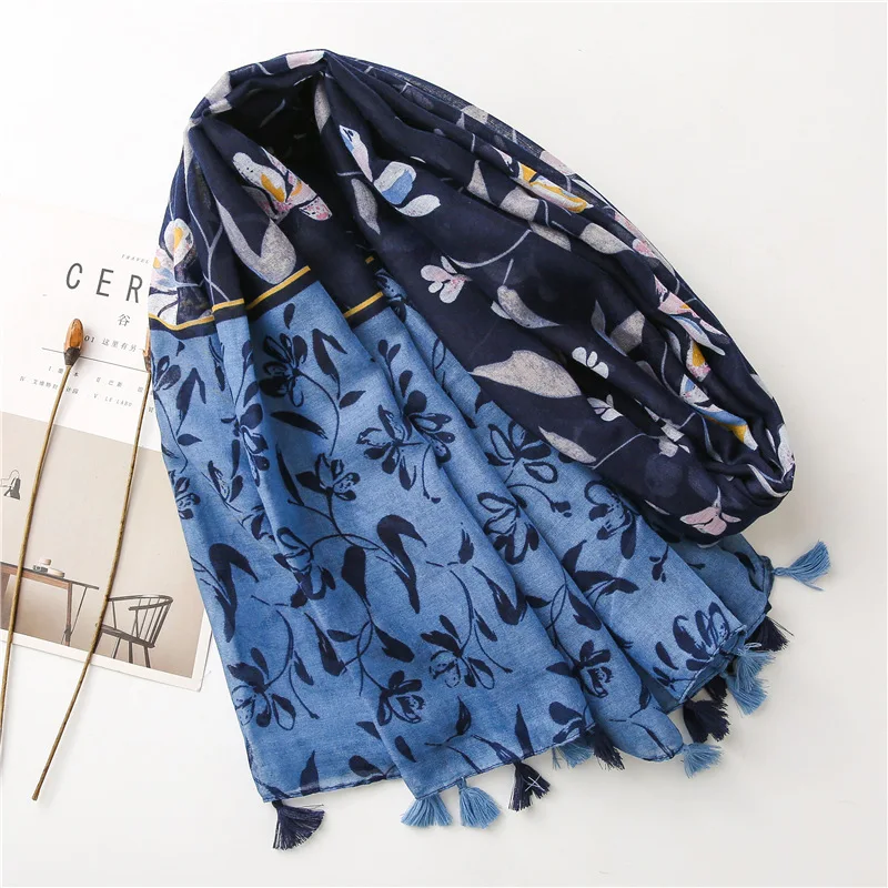 Bufanda de algodón y lino para mujer, chal fino de Color azul oscuro y azul claro con borlas de flores, primavera y verano, novedad