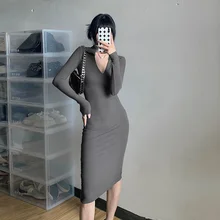

Zoctuo Ribbed Women Solid Long Sleeve Turndown Collar V Neck Midi Dress Sexy Bodycon Streetwear Club 2021 Autumn Winter Casual