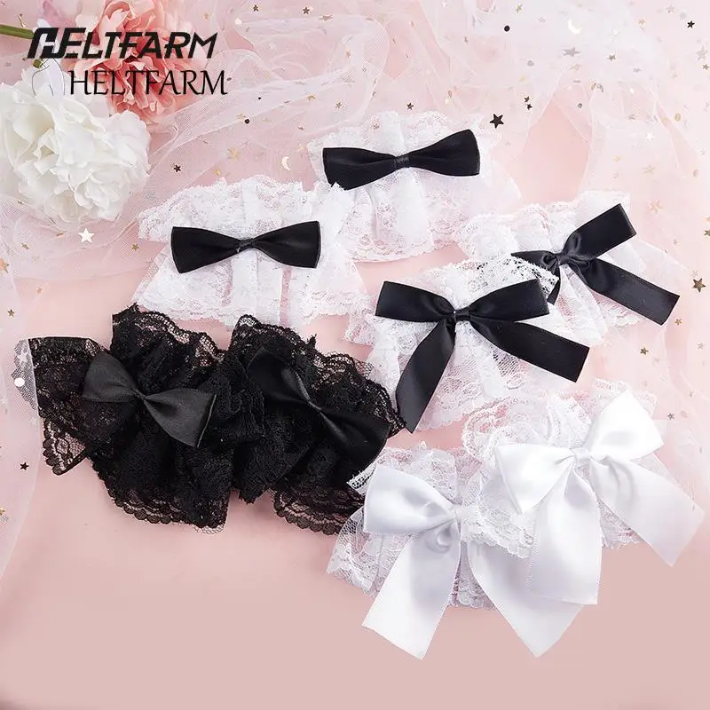 Polsini gotici Lolita dolce fiocco in raso con volant pizzo floreale Tulle bracciale polsino cameriera giapponese manica Cosplay