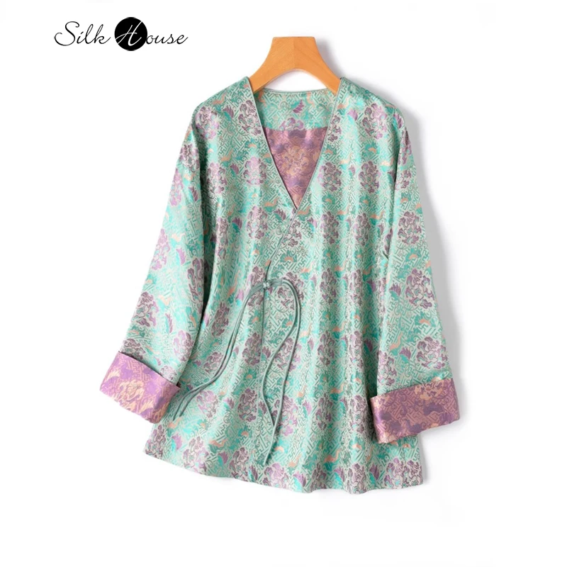 

2024 Women's Fashion Spring New 38MM Thick Song Brocade Luxury New Chinese 100%Natural Mulberry Silk Shirt Hanfu Coat