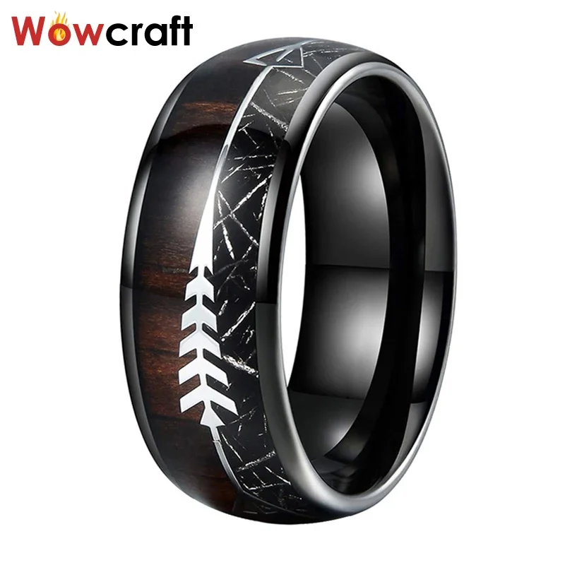Black Meteorite Wood Steel Arrow Inlay Black Tungsten Carbide Ring Men Women Wedding Dome Band Comfort Fit Polished