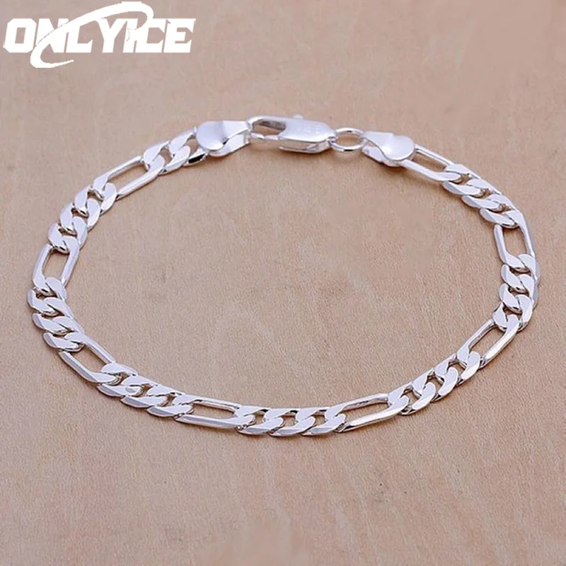 

925 Sterling Silver Bracelet 6mm Chain Wedding Nice Gift Solid for Men Women Jewelry Fashion Beautiful 20cm 8inch