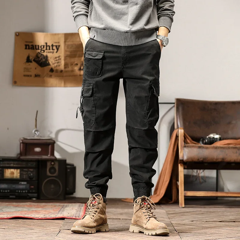 

Men's Cotton Loose Sports Casual Pants Fashion Multi-Pocket Simple Binding Feet zipper Hip Pop Streetwear Cargo Pants Jogger Men