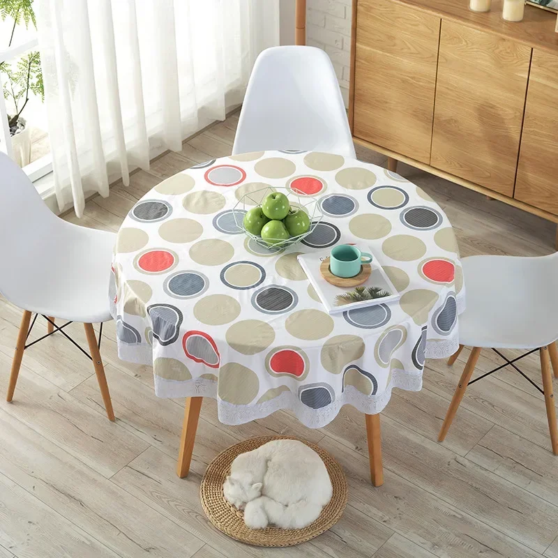 Table Cloth PVC Hotel Waterproof Printed Oil Resistant Circular Table Cover with Lace Hem