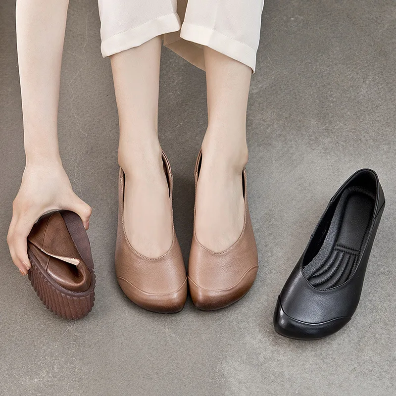 WOIZGIC Women Mother Female Ladies Genuine Leather Shoes Flats Loafers Non Slip On Retro Ballerina National Moccasins Round Toe 3