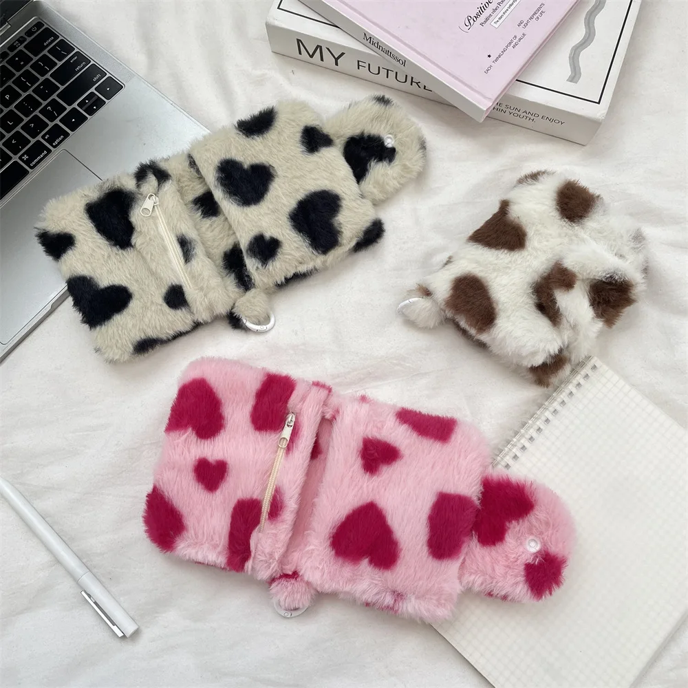 Plush Love Heart Print Coin Purse Double-fold Bank ID Card Holder for Girls Mini Wallet Portable Earphone Storage Bag Women Gift