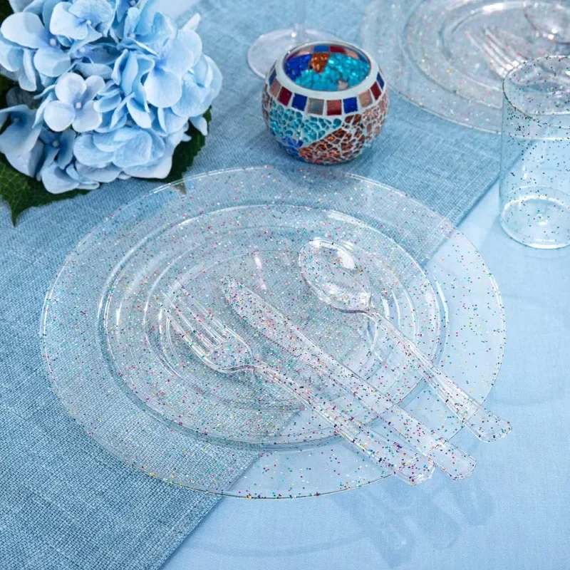 180PCS Glitter Plastic Plates with Glitter Disposable Silverware, Include 30Dinner Plates, 30Dessert Plates, 90Cutlerys, 30Cups