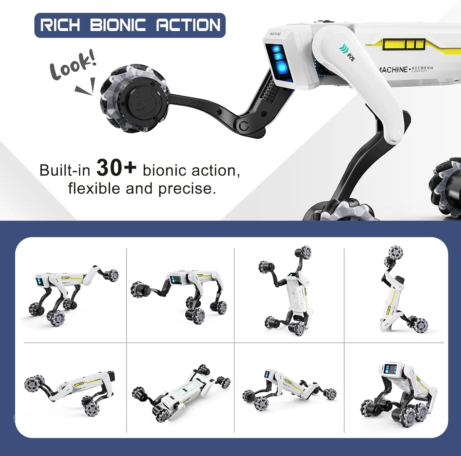 Chien robot RC télécommandé programmable avec effets sonores et tir, marchant sur ses pattes articulées dans un salon.