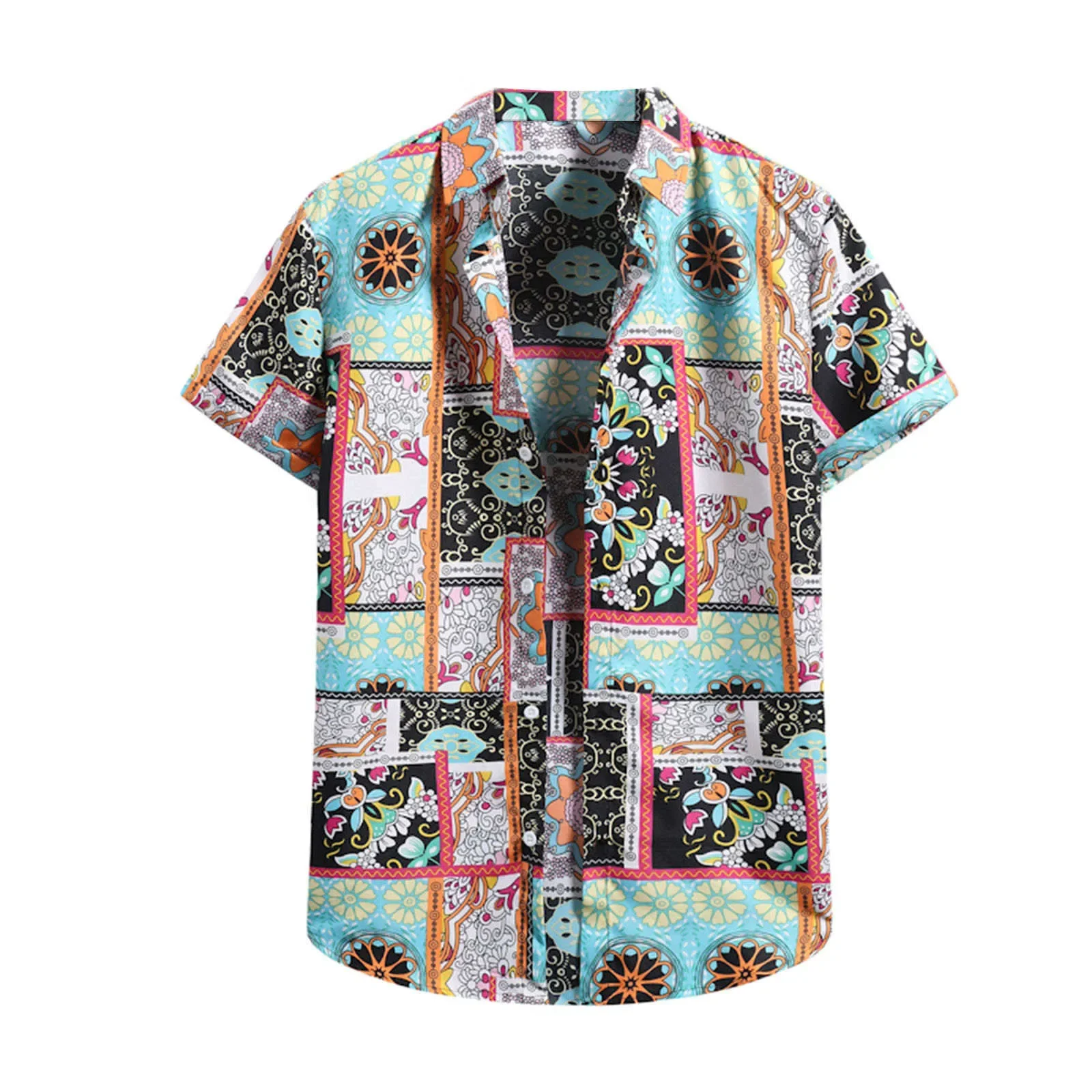 

Fashionable Ethnic Patchwork Pattern Print Men's And Women's Short Sleeve Shirts Casual Button-Down Shirt Tops