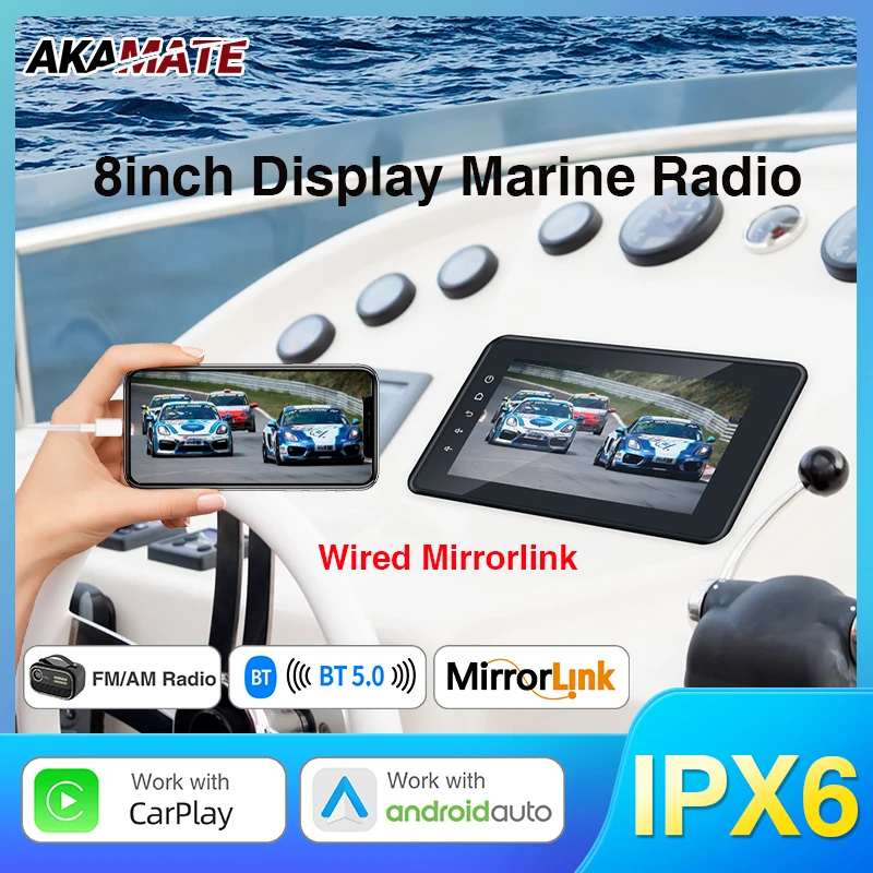 Boat Radio 8 Inch CarPlay Android Auto Marine Radio Media Player FM AM Receiver Waterproof Bluetooth AUX USB for ATV UTV SPA RZR