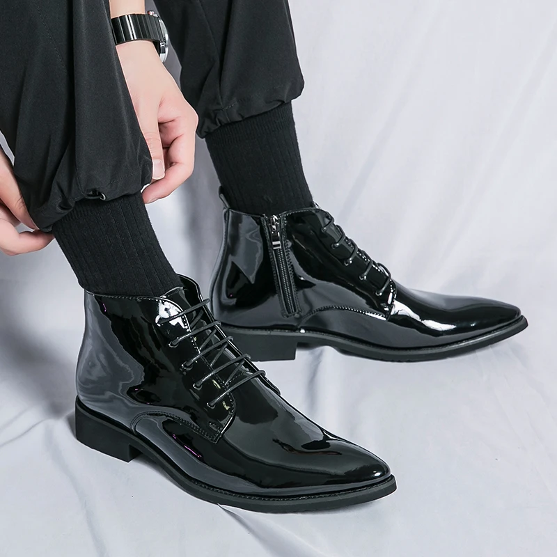 Luxury Chelsea Boots Men's Shiny Leather Shoes Pointed High Top Shoes Men's Banquet Dress Shoes High-end Purple Red Short Boots