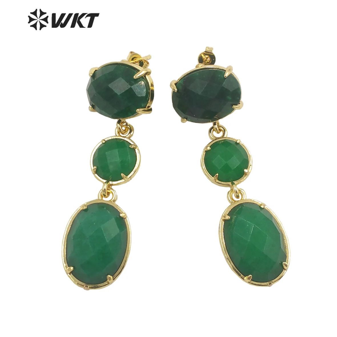 WT-E690 Amazing Gorgeous Fashion Triple Stone Earrings Precious 18k Real Gold Plated Resist Tarnish Prong Setting Dangle Studs