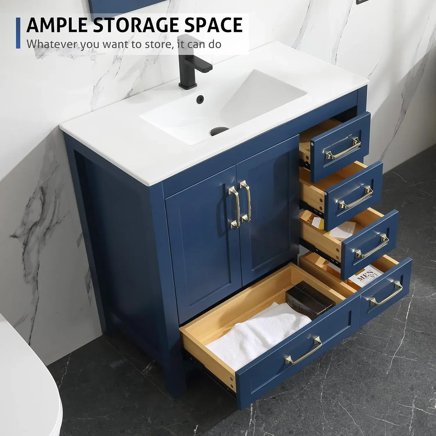 36" Bathroom Vanities Cabinet with Sink Combo Set Undermount Ceramic Sink w/Thickened Wood Matte Black Faucet Navy Blue 6
