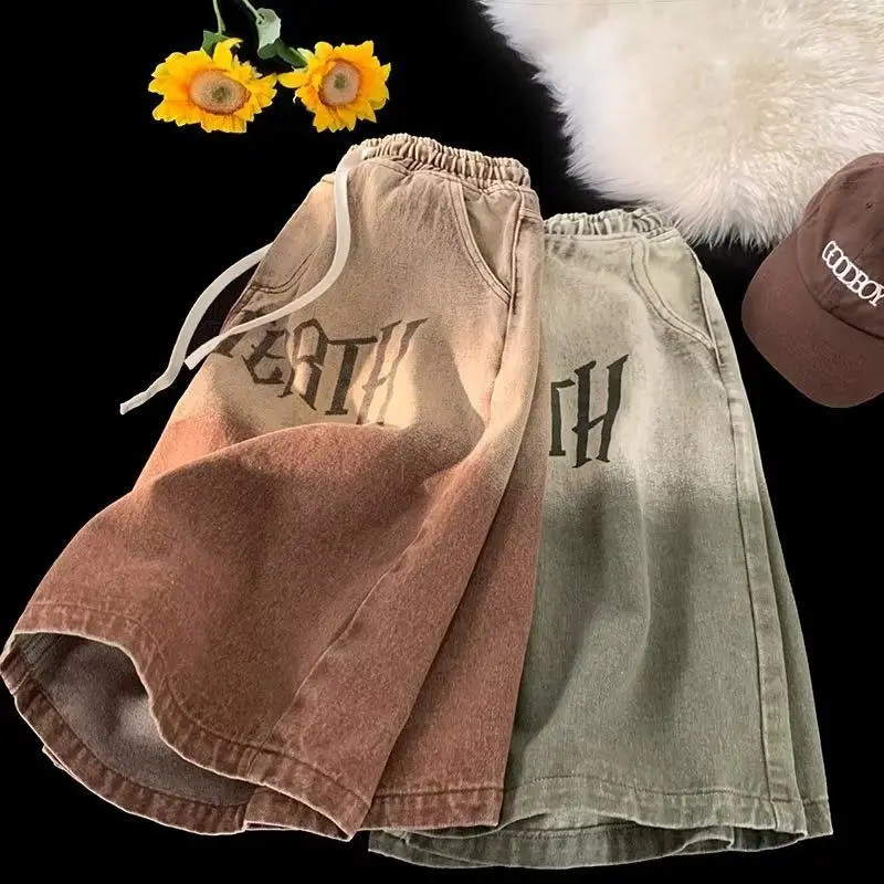 Gradient Washed Denim Shorts Women Men's Summer Wide-leg Five-point Pants New Loose Retro Cowboy Letter Pockets Drawstring