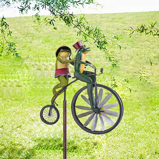 Vintage Bicycle Wind Fonó Fém Téttel Rendelkező Béka Lovaglás Motorkerékpár Szélmalom Dekoráció Az Udvari Dekorációs Dekorációhoz - Image 5