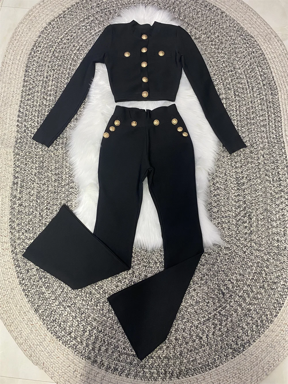 New Autumn Style Black Color Women Long Sleeve Button Rayon Bandage Coat Pants Fashion Women's Set High Street Celebrate Wear 6