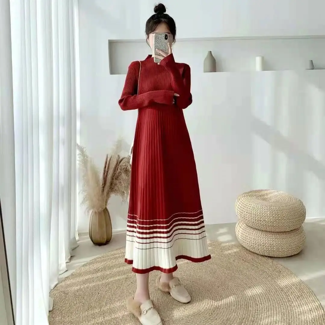 

Autumn and Winter Women's Half High Collar Long Sleeve Slim Knitted Contrast Color Stripe Fashion Casual Office Lady Dress