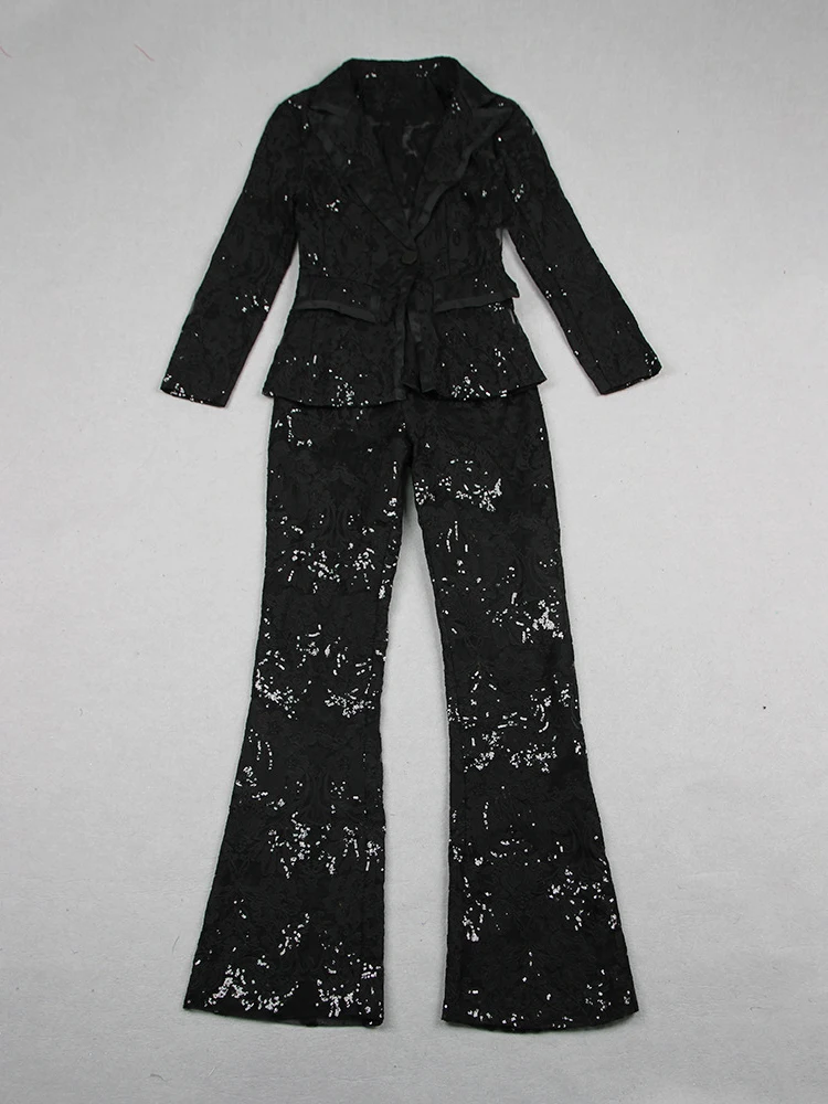 HIGH STREET Newest 2024 Designer Runway Suit Set Women's Single Button Guipure Lace Blazer  Flare Pants Set 3