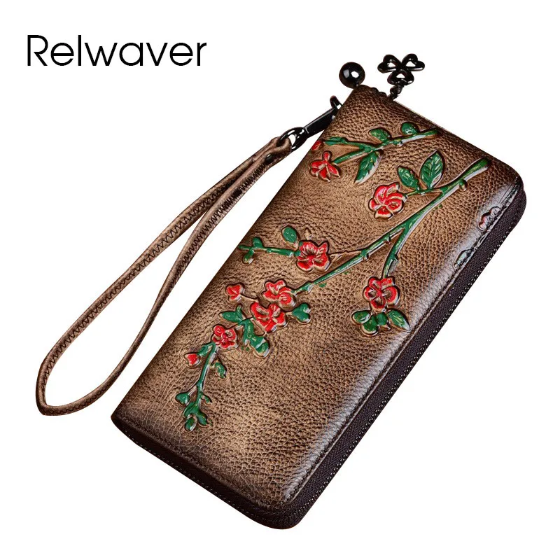 

Relwaver genuine leather long zipper women wallet vintage Chinese style floral embossing clutch purse 2024 summer