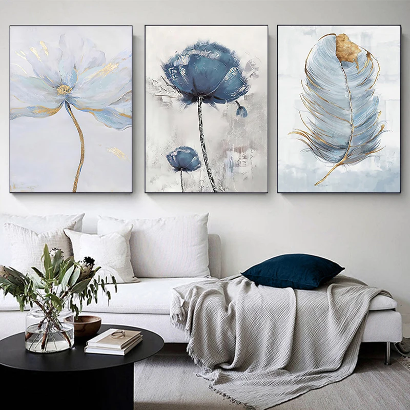 

Modern Blue Floral Feather Canvas Posters Wall Art Canvas Painting Prints Pictures Living Room Interior Home Decoration