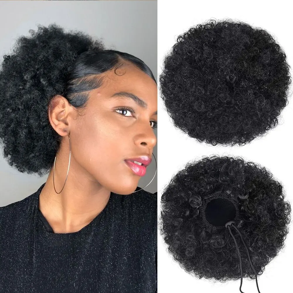 Short Afro Puff Drawstring Ponytail Synthetic Hair Afro Bun Chignon