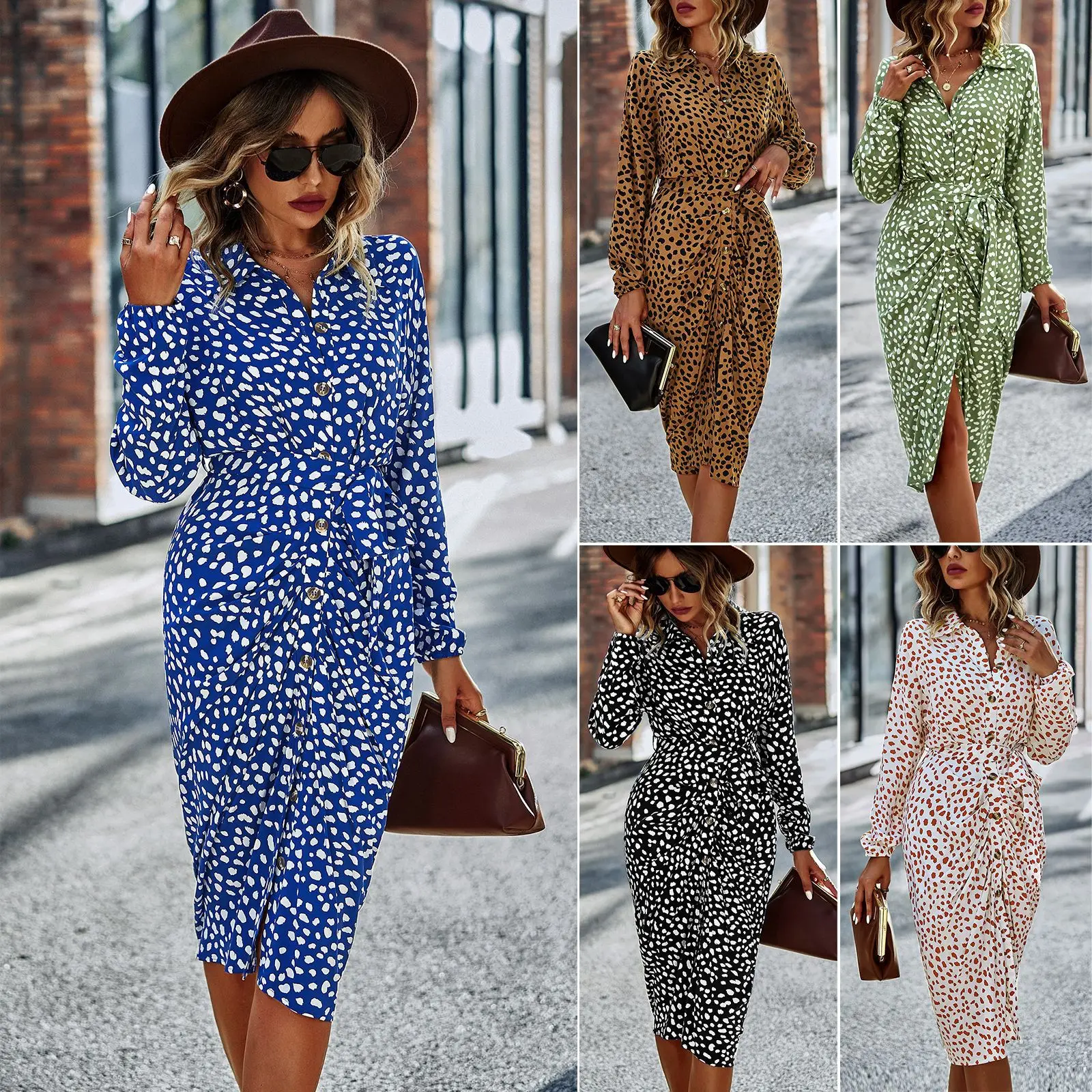 

Fashion holiday dress spring and summer crewneck single breasted long-sleeved dress