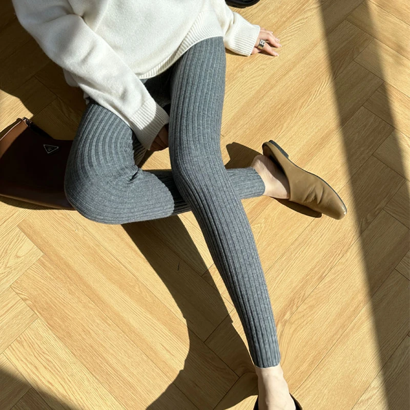 knit leggings women's pants slim nine-point pants autumn winter Inner and outer wear high waist tight casual small feet pants
