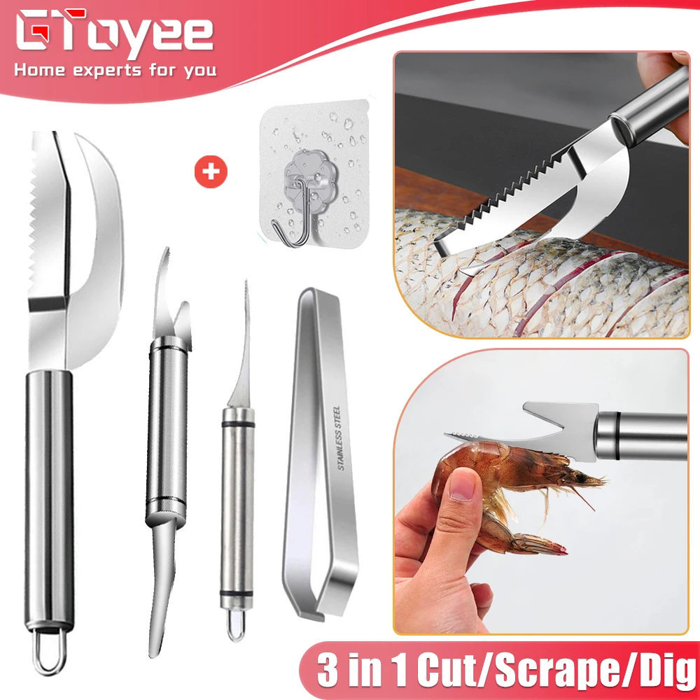 Fish Scale Knife Stainless Steel 3 In 1 Fish Scale Knife Cut/Scrape/Dig Maw Knife Scale Scraper Sawtooth Peelers Scraping Boning Filleting Tools