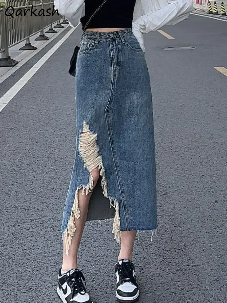 

Юбка-миди женская из денима, асимметричная, состаренная, в уличном стиле, Y2k, весна-лето