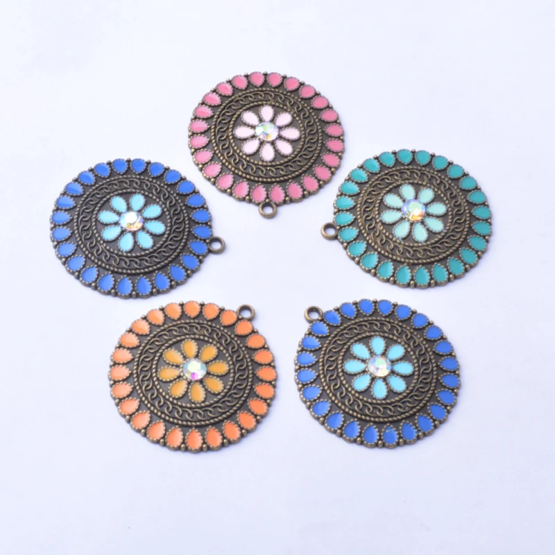 10 Stück/Set 37*34mm Vintage Antike Bronze Emaille Legierung Runde Anhänger Türkisfarbener Anhänger DIY Schmuck Ohrringe