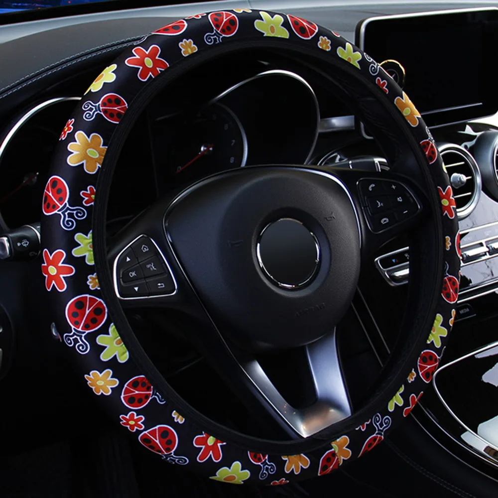 38cm Car Steering Wheel Cover Flowers Print Antislip Universal Auto