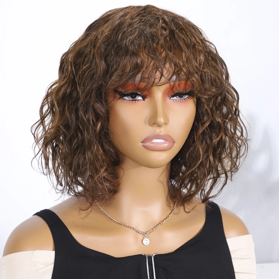 Short Human Hair Wigs For Women P4/30 Highlight Pixie Cut Wigs With Bangs Water Wave Remy Brazilian Hair Wigs Curly Wigs - Image 3