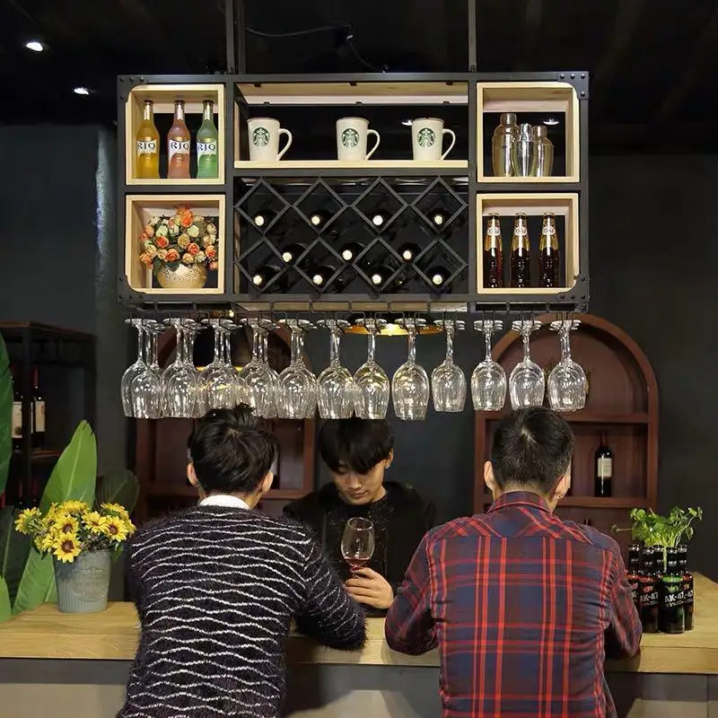 Iron Wine Rack Wall Hanging Household Wine Cabinet Restaurant Bar Glass Rack Hanging Industrial Style Bar Counter