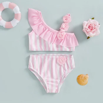 Costume da bagno per bambina con stampa a righe, protezione solare, costumi da bagno, reggiseno floreale 3D con volant, pantaloncini, costume da bagno per bambini 1