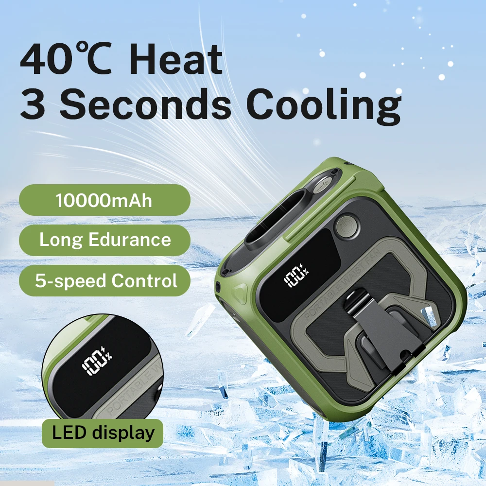 Deelife 10000mAh Wearable Fan Portable Mini Waist Fan 5 Speed USB Rechargeable Waist Clip Emergency Mobile Power for Outdoor