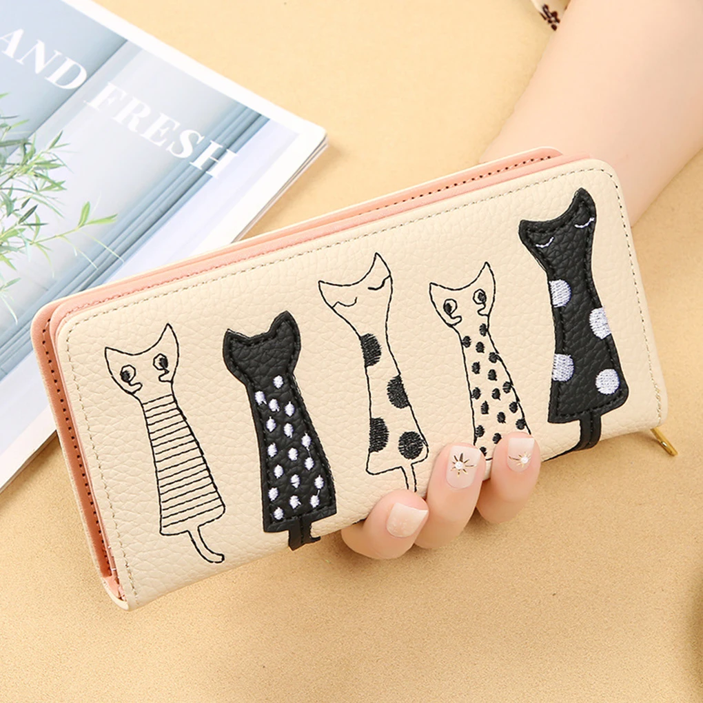 Women Long Wallet Cat Phone Card Holder Embroidery PU Leather Purse 6