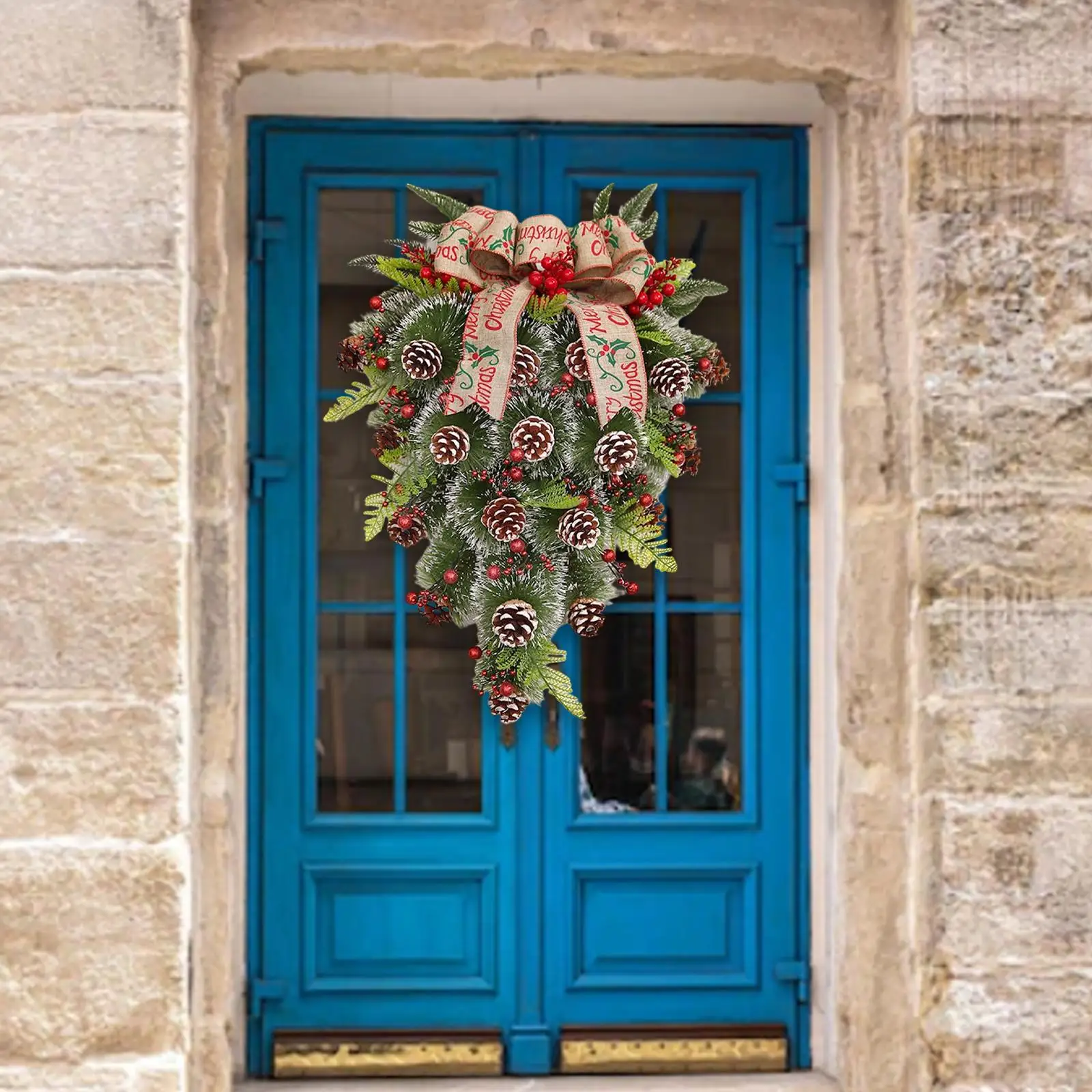 Winter Christmas Teardrop Swag Hanging Pendant with Bowknot Garland Door Wreath