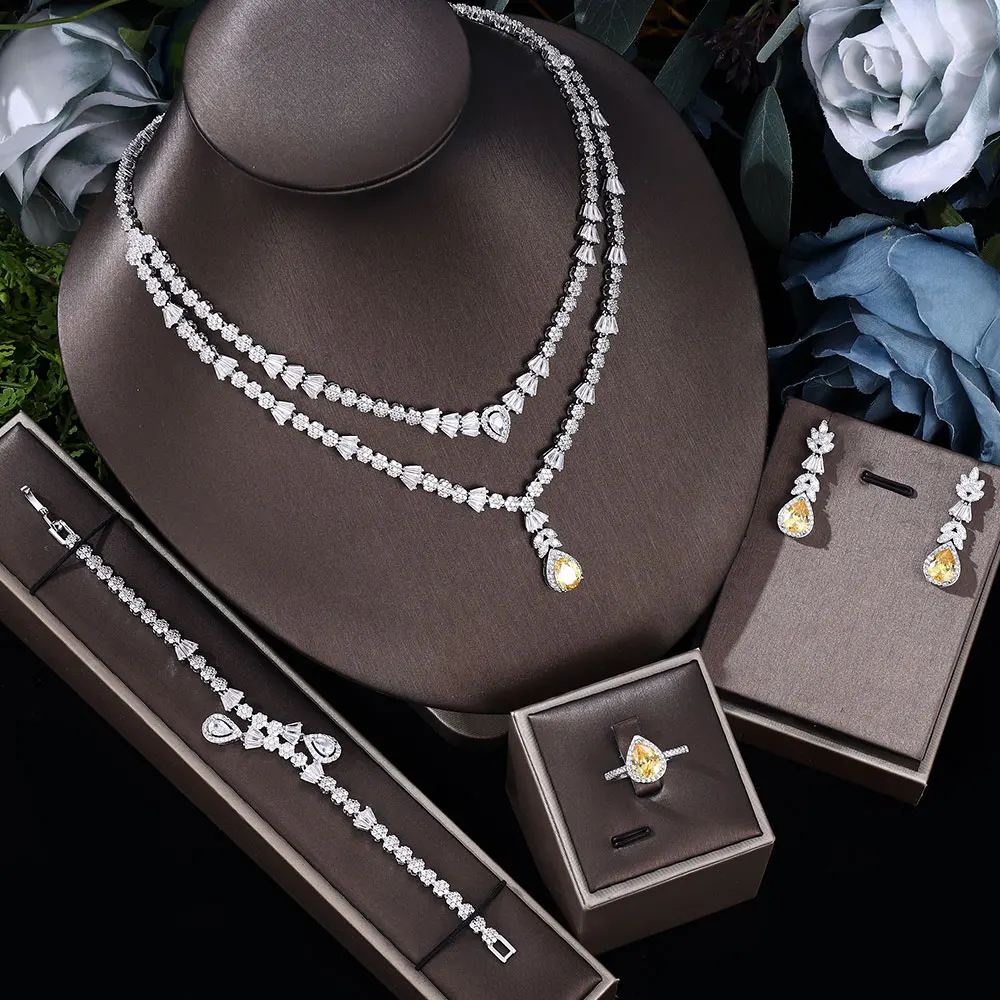

4pcs Bridal Zirconia Full Jewelry Sets For Women Party, Luxury Dubai Nigeria CZ Crystal Wedding necklace sets