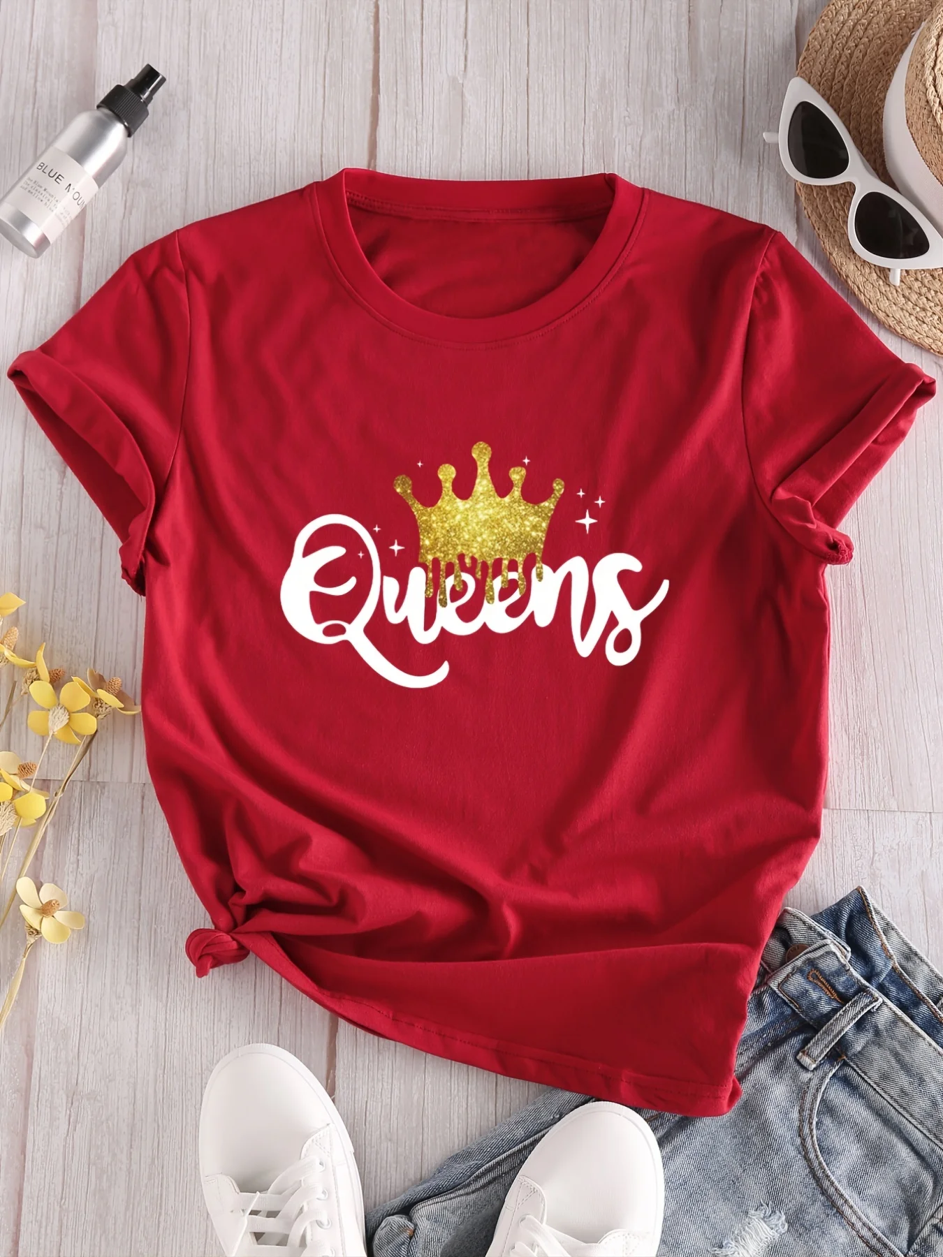 

Women's Queen Letter Print T-Shirt, Casual Crew Neck Short Sleeve T-Shirt, Casual Every Day Tops, Women's Clothing