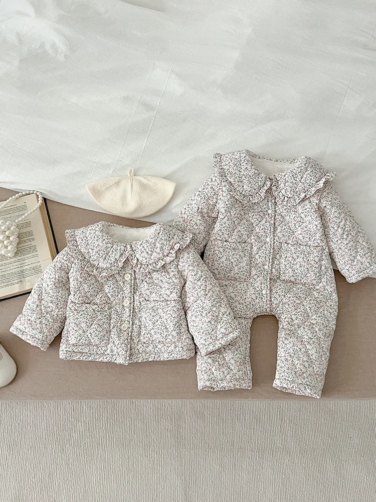 Baby Girl Winter Coat Cotton Infant Large Lapel Floral Padded Jacket Plus Velvet Thick Kids Cardigan