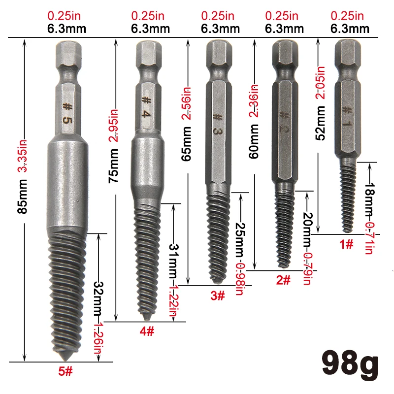 5pc Screw Extractor Set Hex Handle Broken Head Screw Removal