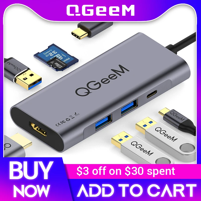 QGeeM USB C HUB HDMI Type-C  HUB To Hdmi USB 3.0 Thunderbolt 3 Card Reader For Macbook 2018 mate20 P30 glaxy S9 S10 USB C HUB