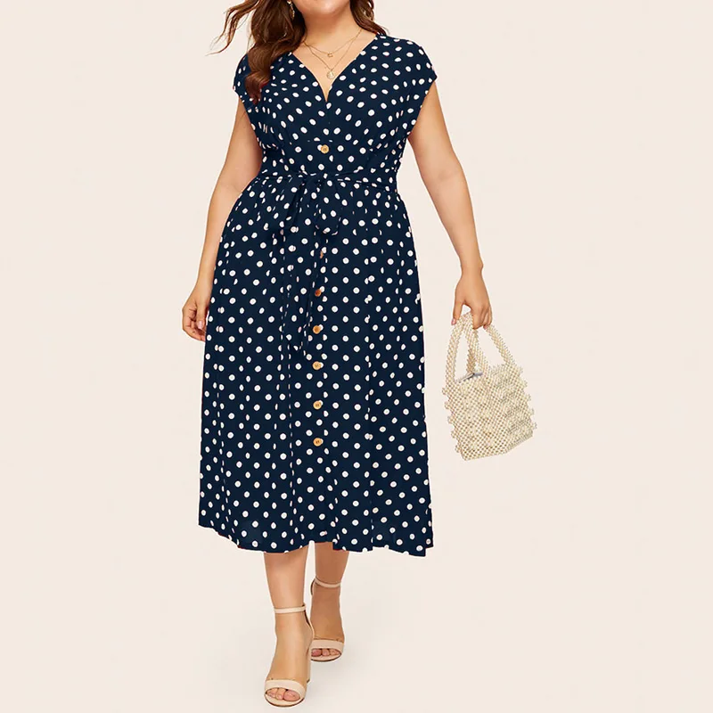 Bohemian V-Neck Polka Dot Patchwork Button Short Sleeve Female Summer Casual Vacation Crimping Lacing Waist Long Dress Plus Size