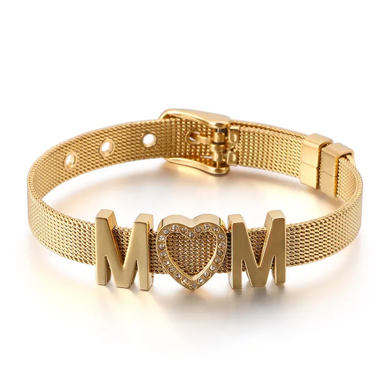 

Fashion Women Mesh Wire Rose Gold Steel Zircon Lover Heart Mama Watch Band Belt Buckle Bracelets Jewelry Mother's Day