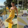 Mingmingxi Summer Birthday Party Dresses 2024 Irregular Ruffle Elegant Mesh Dress Yellow Long Dresses for Women 2