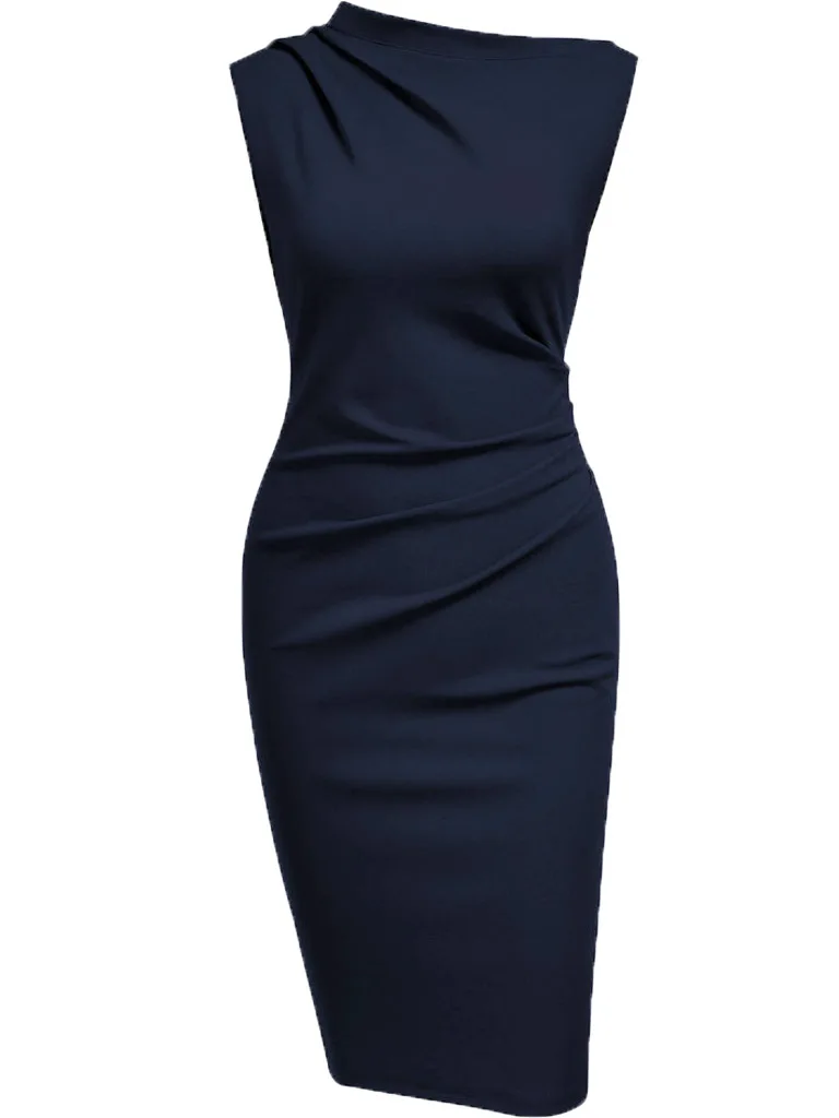 Women Sleeveless Ruched Vintage Slim Work Office Cocktail Party Knee Length Sheath Bodycon Pencil Slim Dress 5